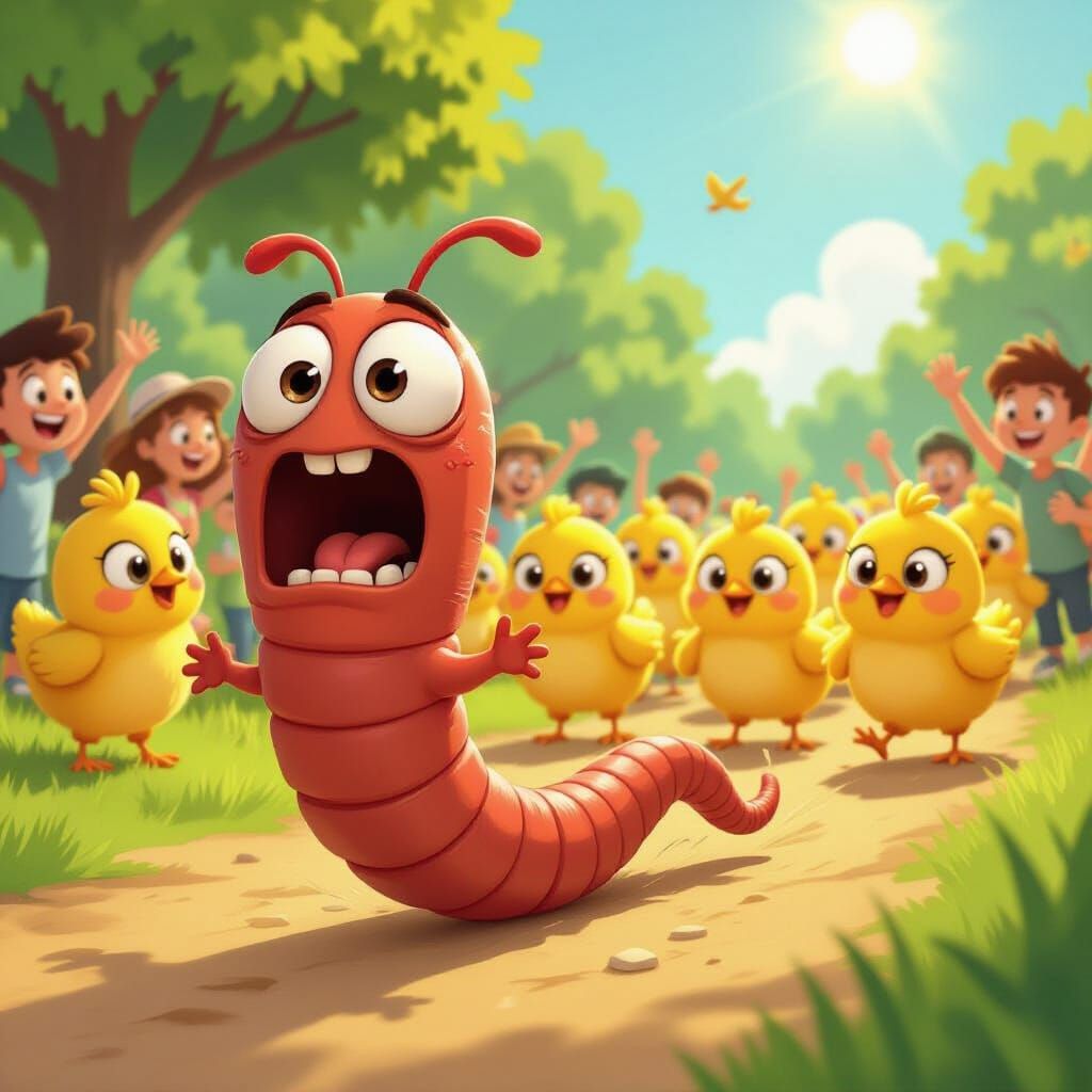 Terrified Worm Chased by Cheerful Chicks in Cartoon Style