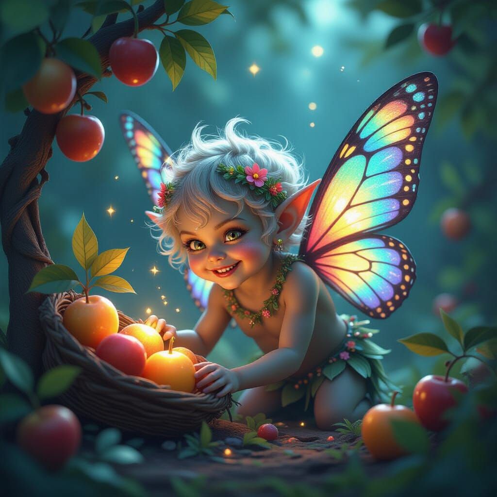 Mischievous Imp Steals Glowing Fruit in Celestial Orchard