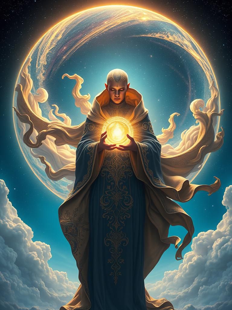 Androgynous Figure in Cosmic Sphere: Fantasy Concept Art