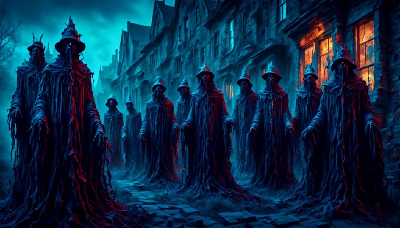 Surreal Scarecrows Approach Boulder in Twilight