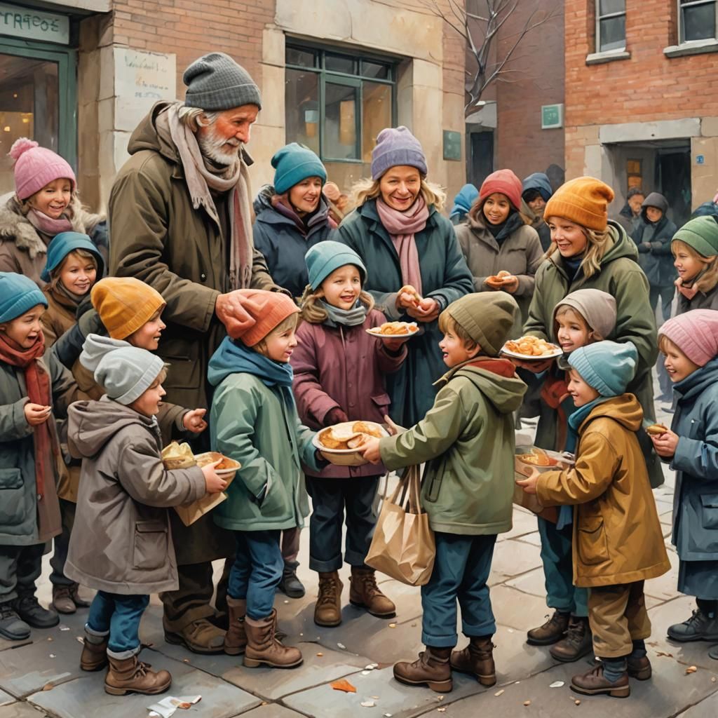 Heartwarming Children Helping the Homeless: Oil Painting Tex...