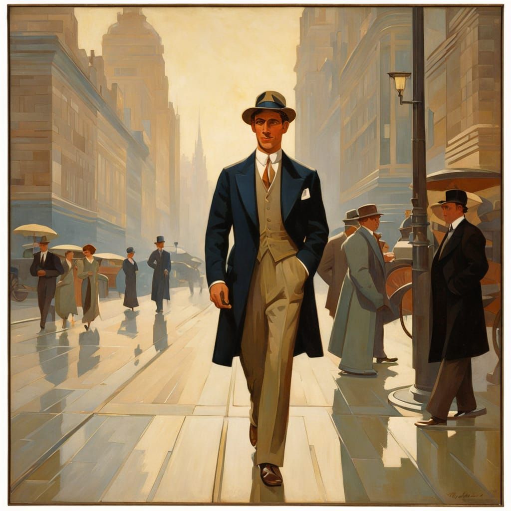 Confident Gentleman in Art Deco Cityscape