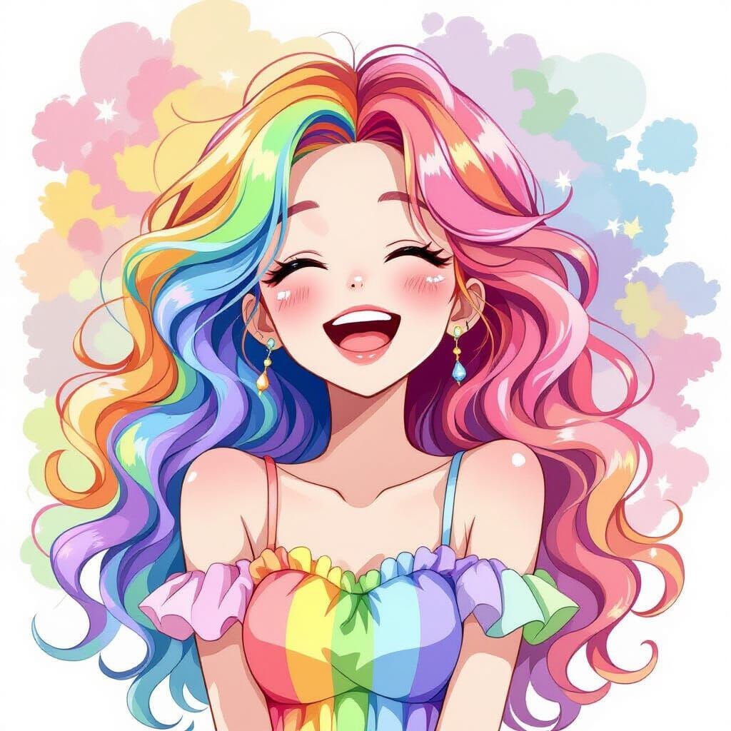 Anime Girl with Rainbow Hair in Watercolor Style