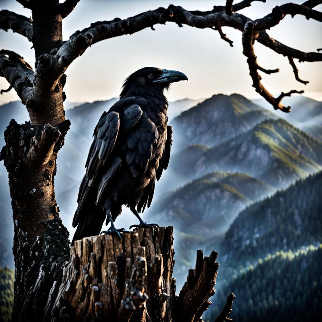Raven Logo on Mountain in Atmospheric Lighting
