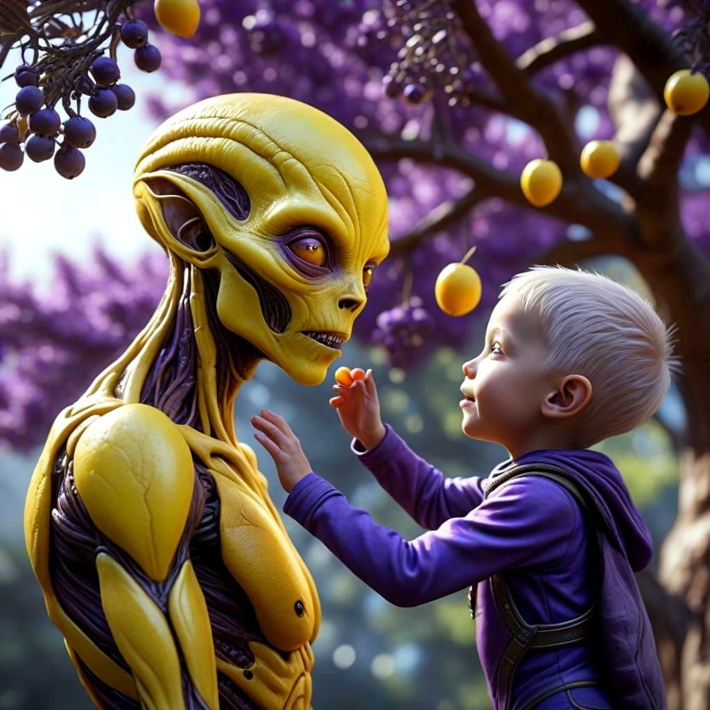 Alien Mother and Child in Vibrant, Purple-Fruited Landscape