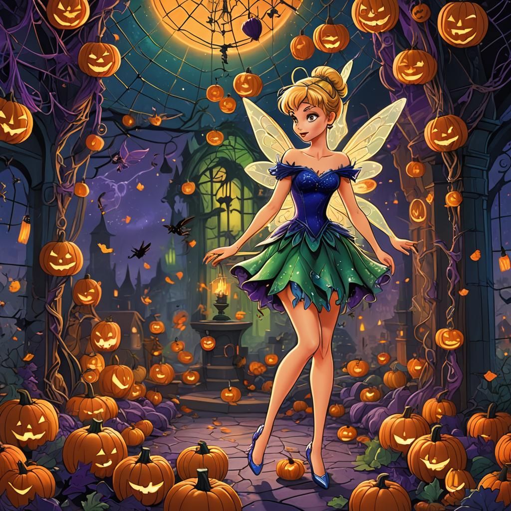 Tinkerbell at Spooky Halloween Party in Art Nouveau Style