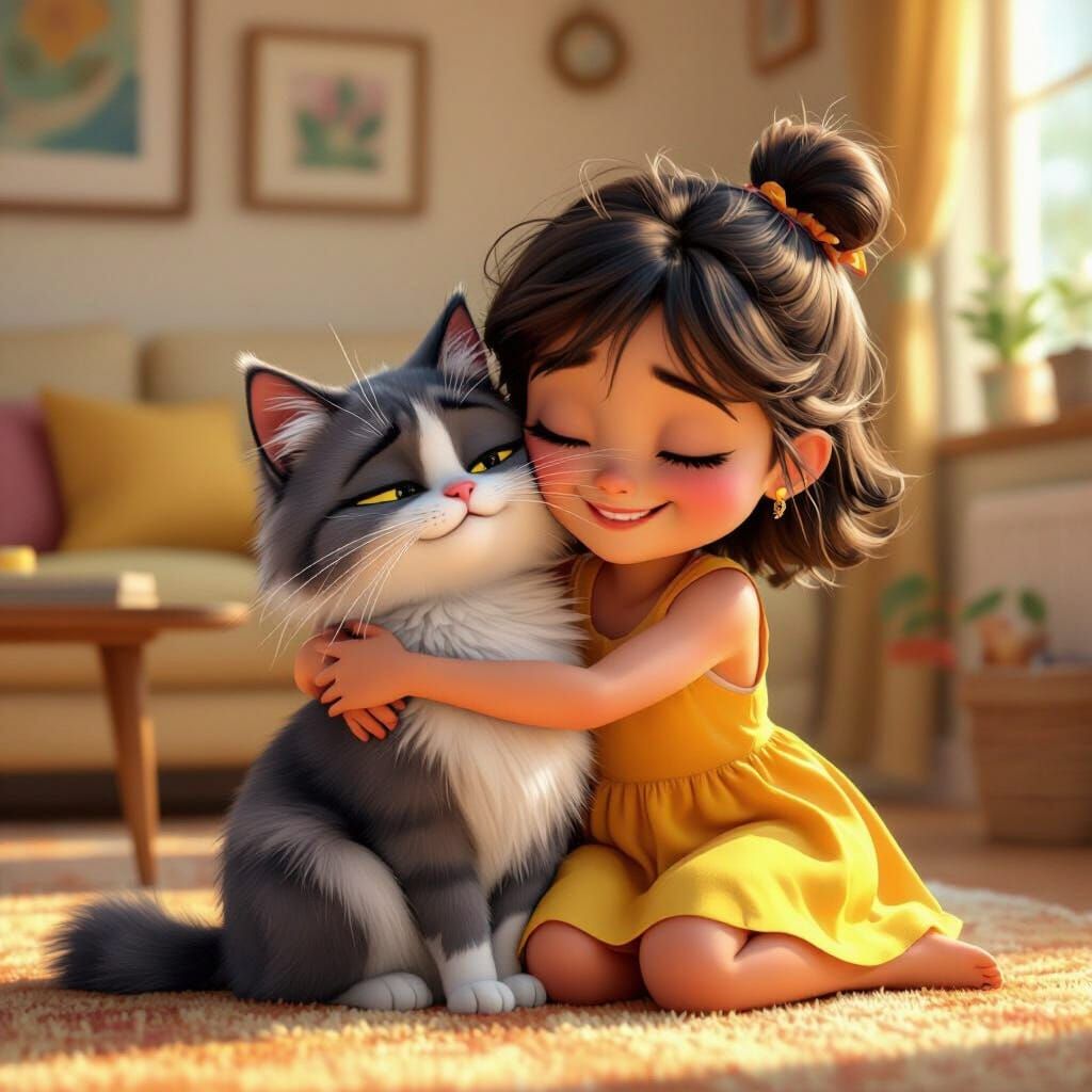 Girl Hugging Cat in Cozy Pixar-Style 3D Render
