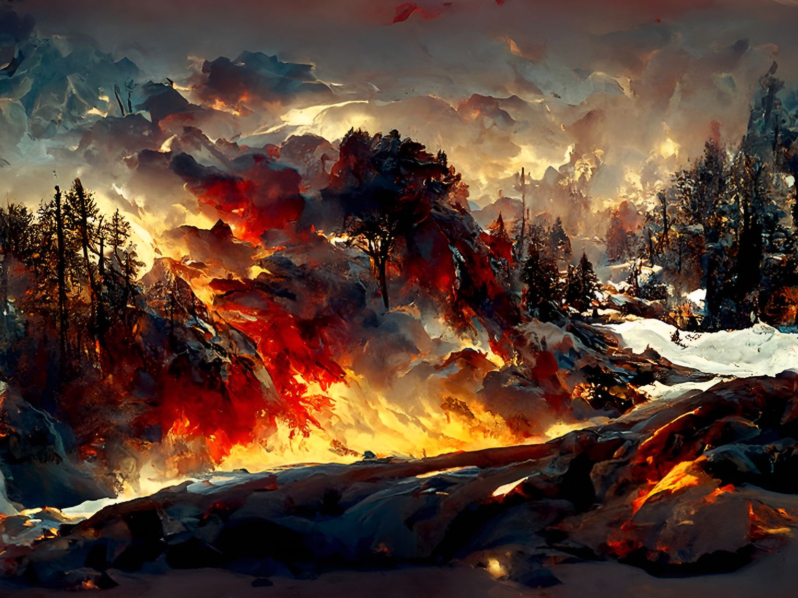 Epic Forest Fire in Winter Landscape