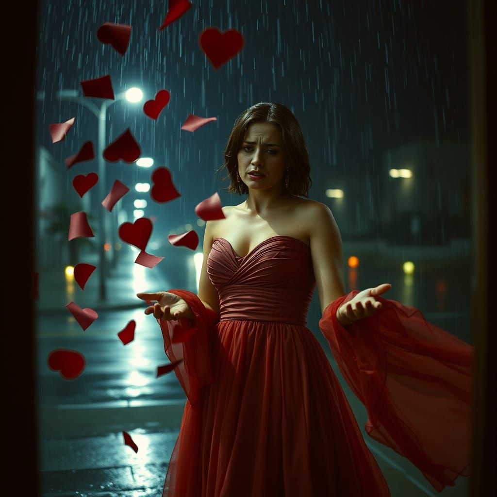 Sorrowful Woman in Rainy Night, Torn Hearts Swirling