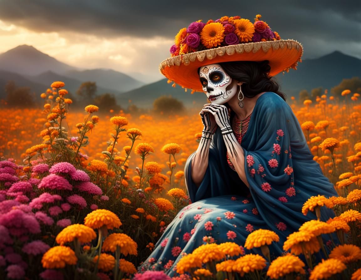 Giant Catrina in Cempasúchil Field: Digital Matte Painting