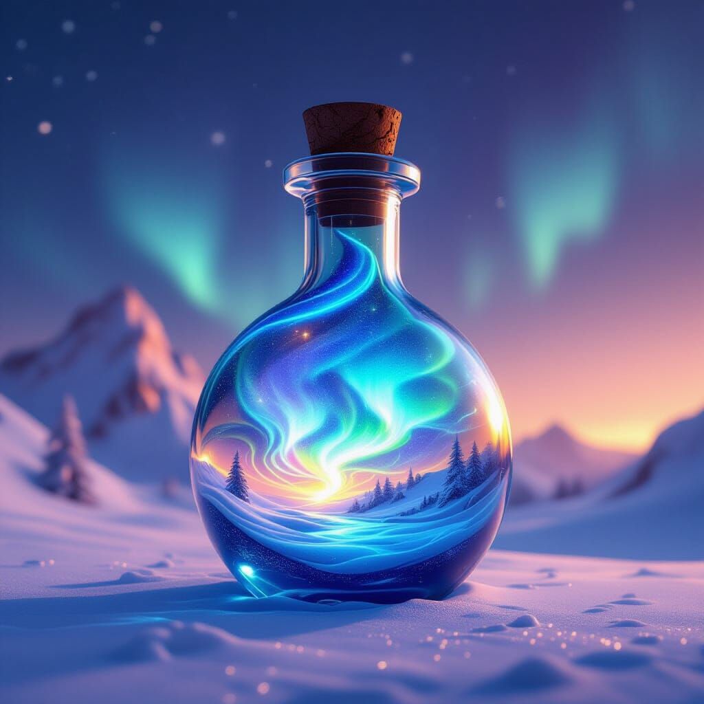Ethereal Northern Lights Potion Vial in Matte Painting Style