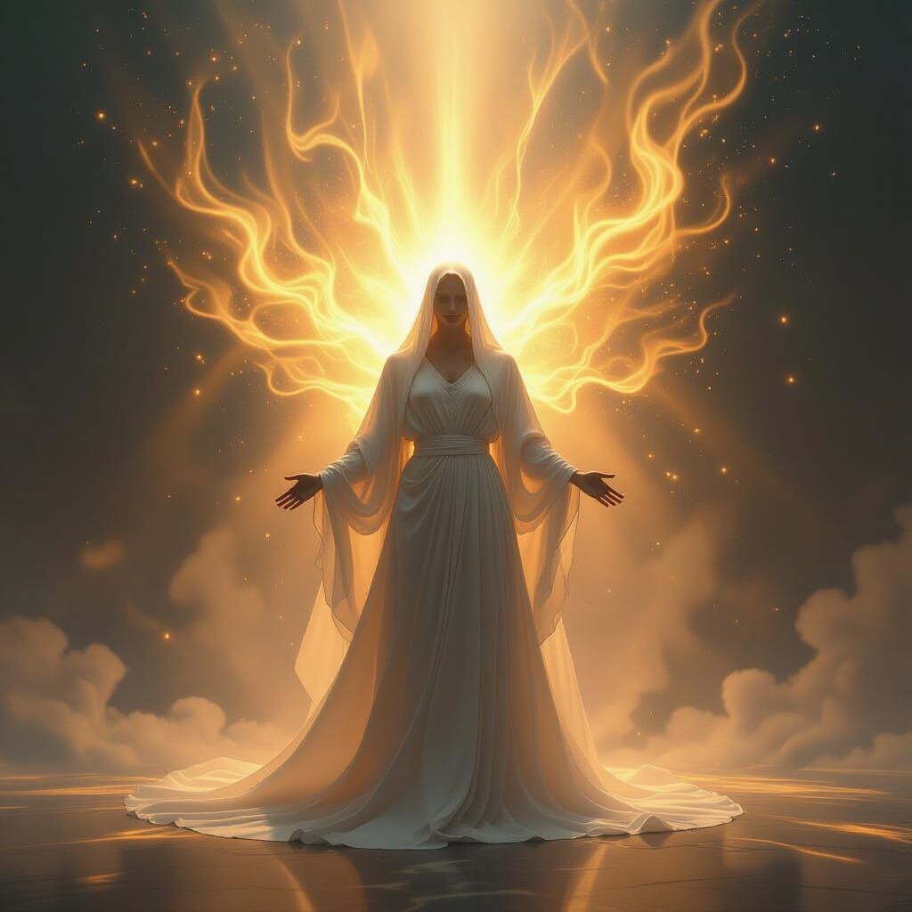 Ethereal Figure Ascends as Lies Crumble in Mystical Realism