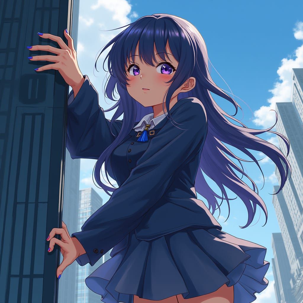 Giant Woman Grasping Skyscraper, Anime-Inspired Cel-Shading