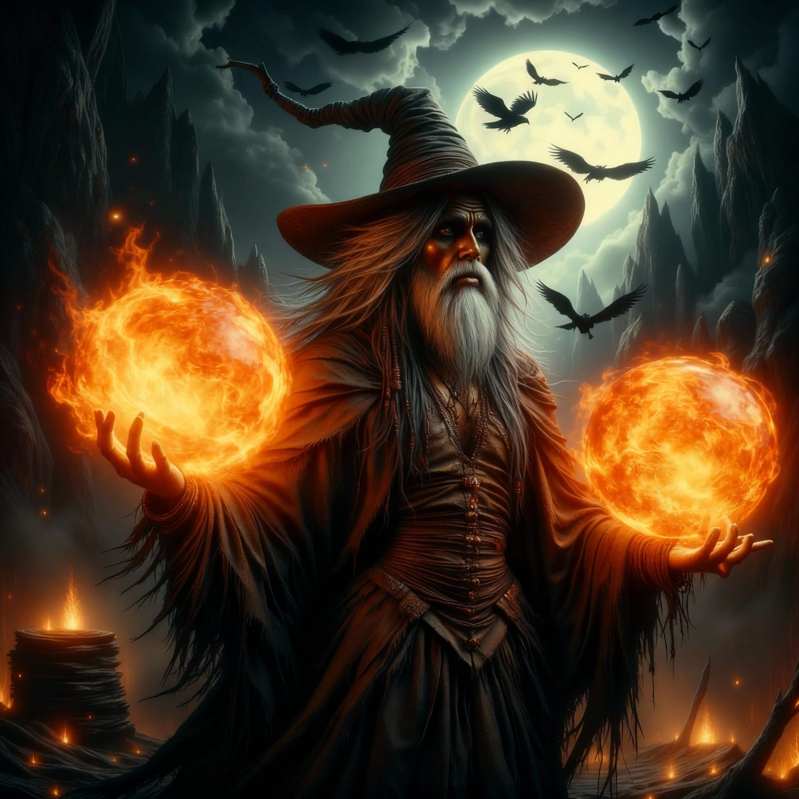 Old Magician Conjures Golden Fire in Mystical Sky