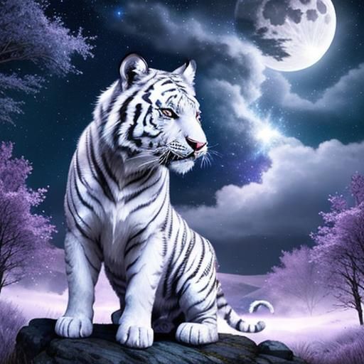 Fantasy White Tiger Under Starry Moonlit Sky