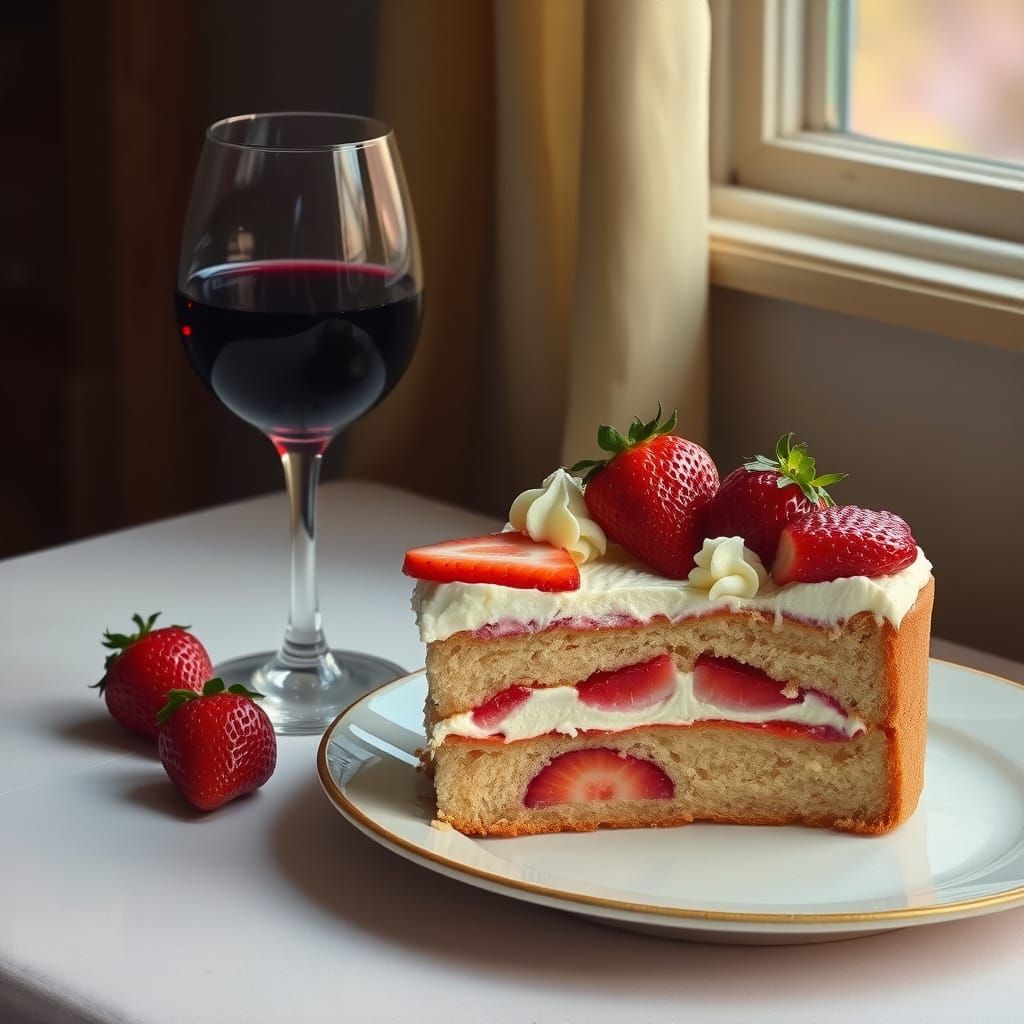 Strawberry Cake and Wine in Still-Life Style
