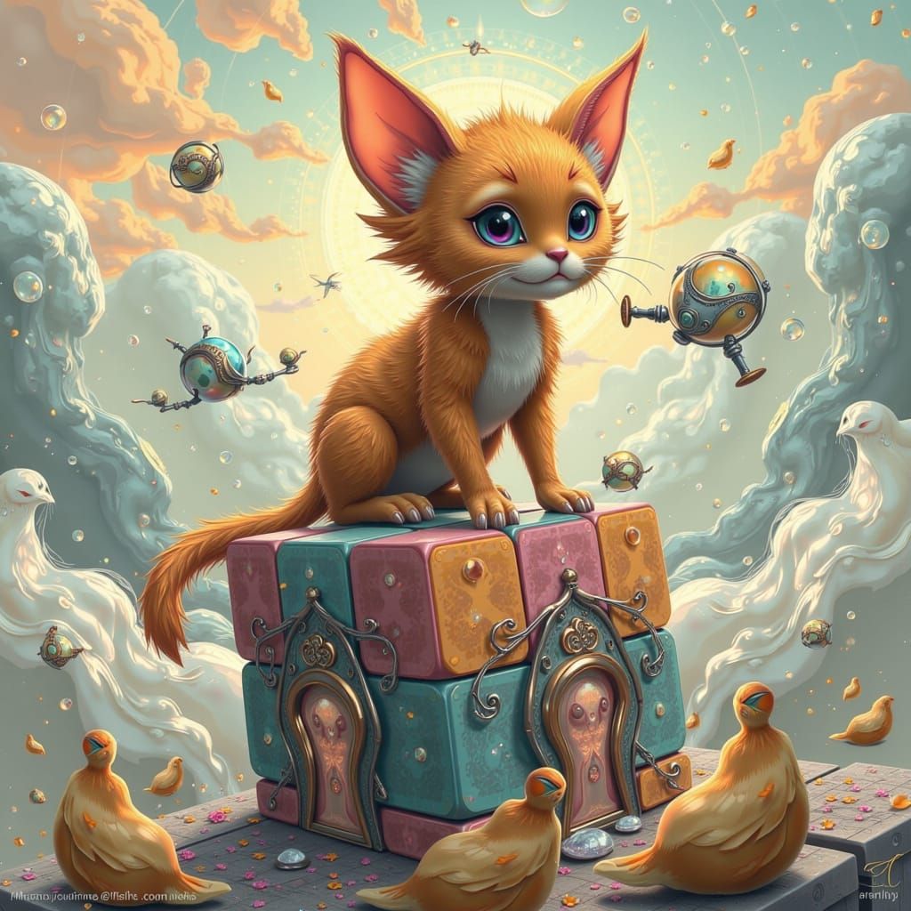 Ginger Tabby Cat on Surreal Rubik's Cube