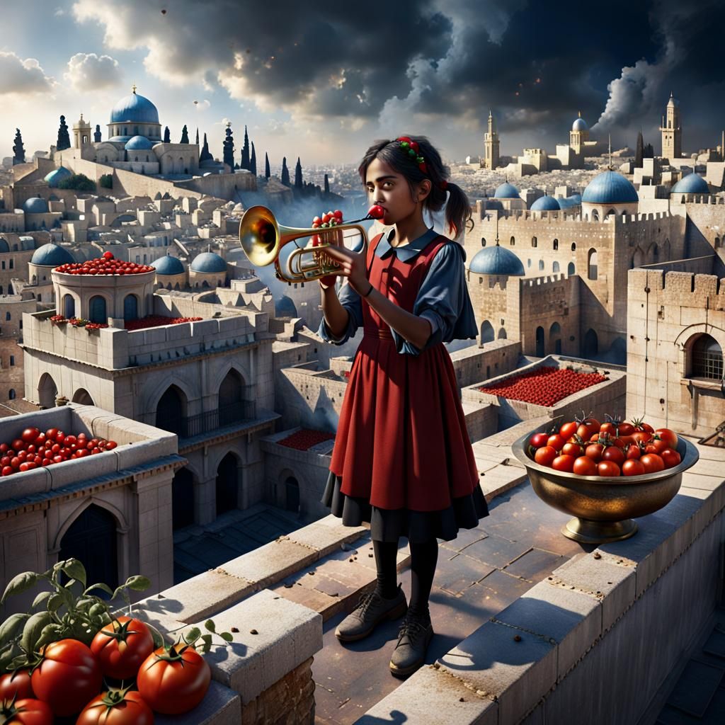 Girl Musician with Tomato on Jerusalem Rooftop