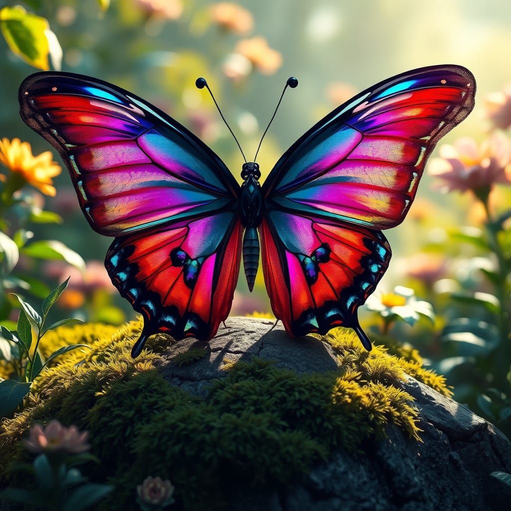 Regal Iridescent Butterfly in Futuristic Garden