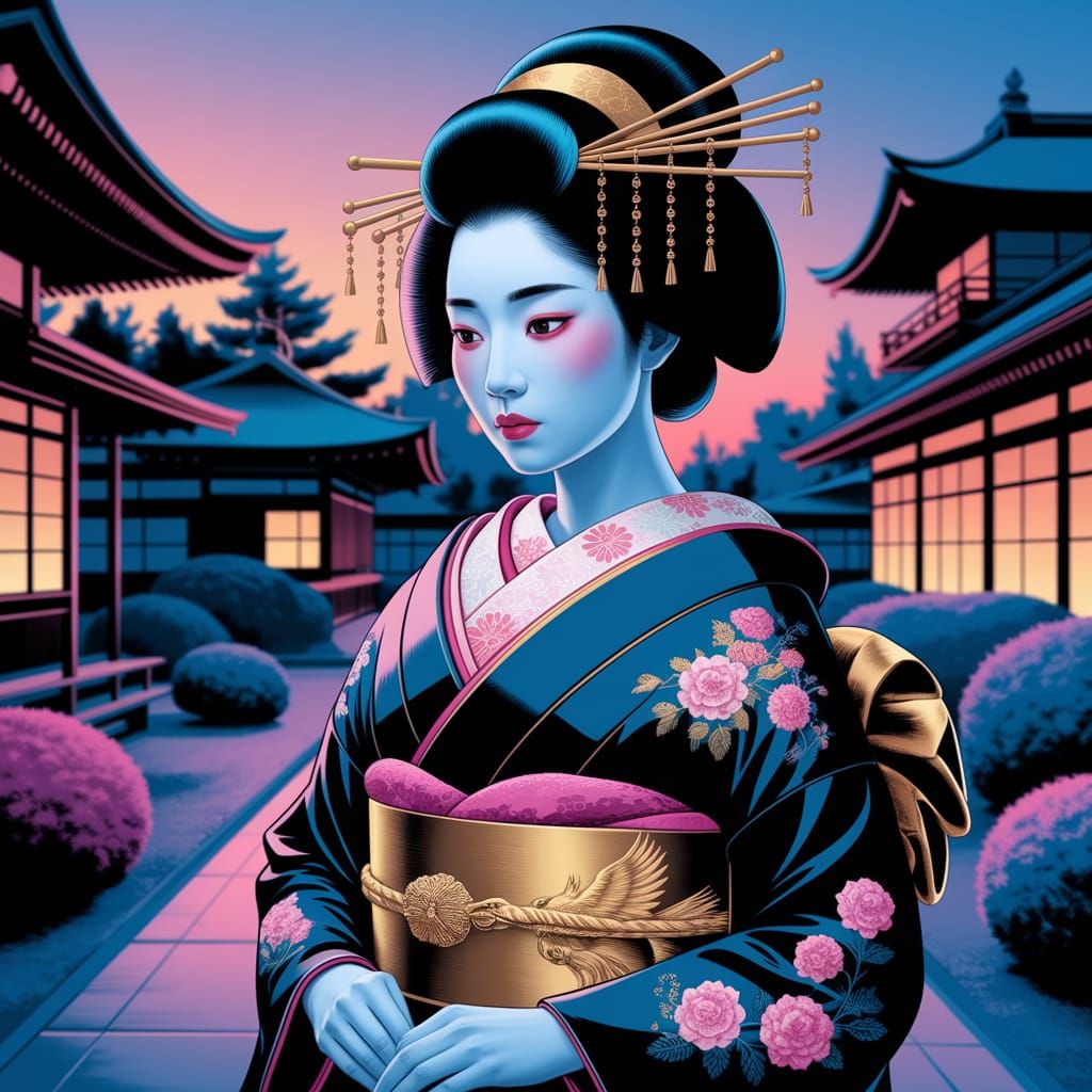 Regal Geisha in Twilight Japanese Garden