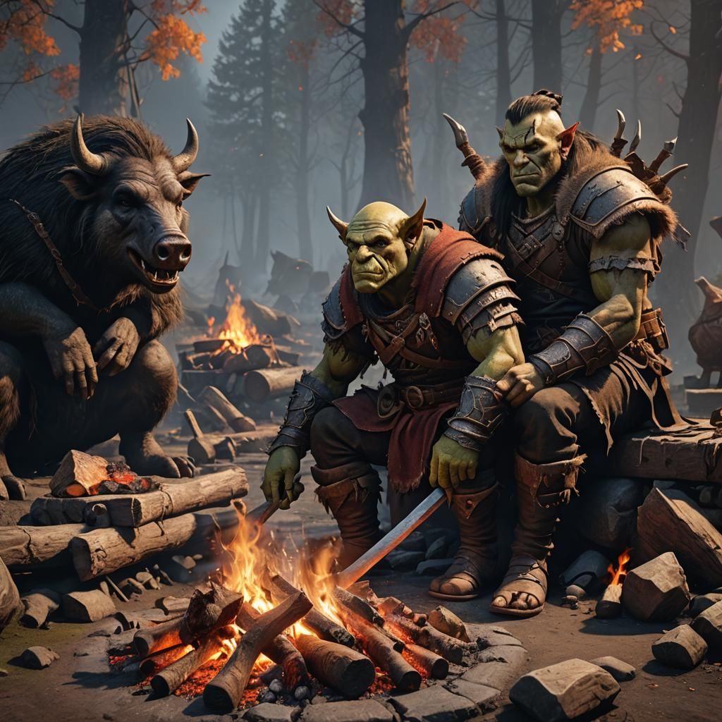 Half-Orc Roasting Boar: Detailed Fantasy Art