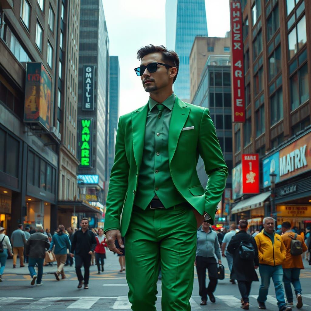 Man in Green Suit Walks City Street