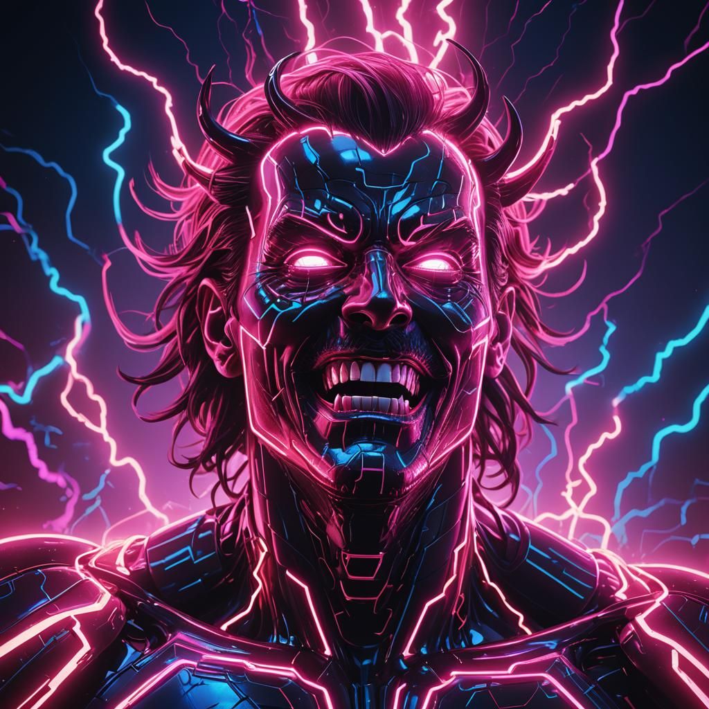 Synthwave Devil's Head Exploding in Neon Retro Style