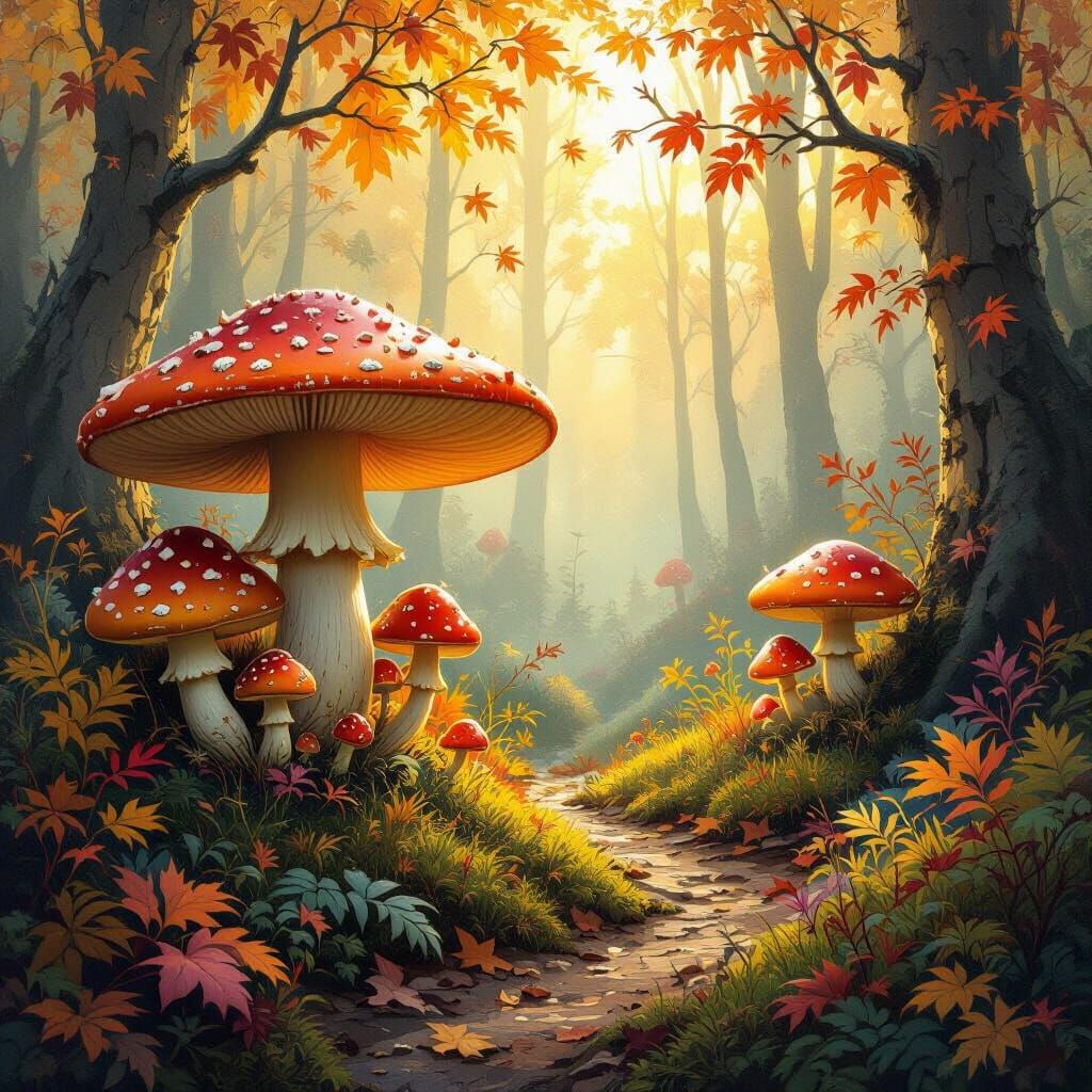 Whimsical Autumnal Forest with Mushrooms in Fantasy Style