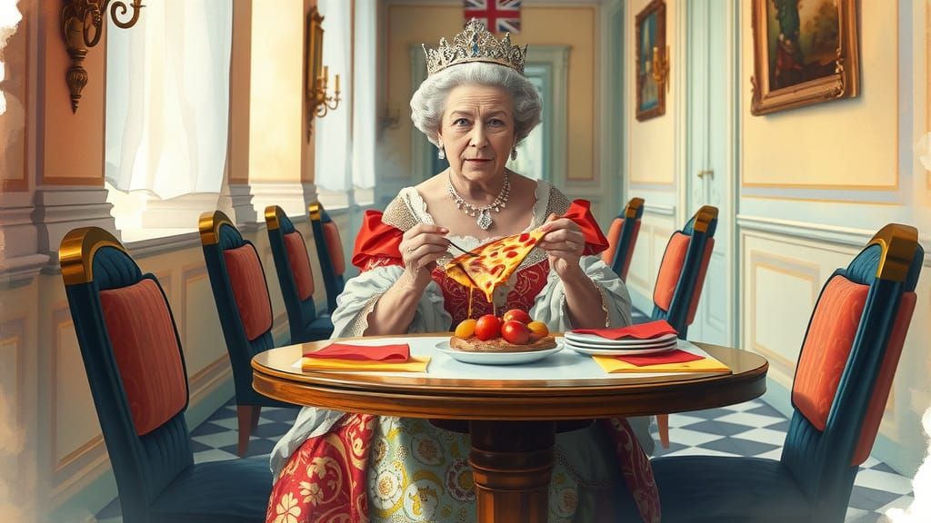 Queen of England's Surreal Pizza Party: Watercolor Art