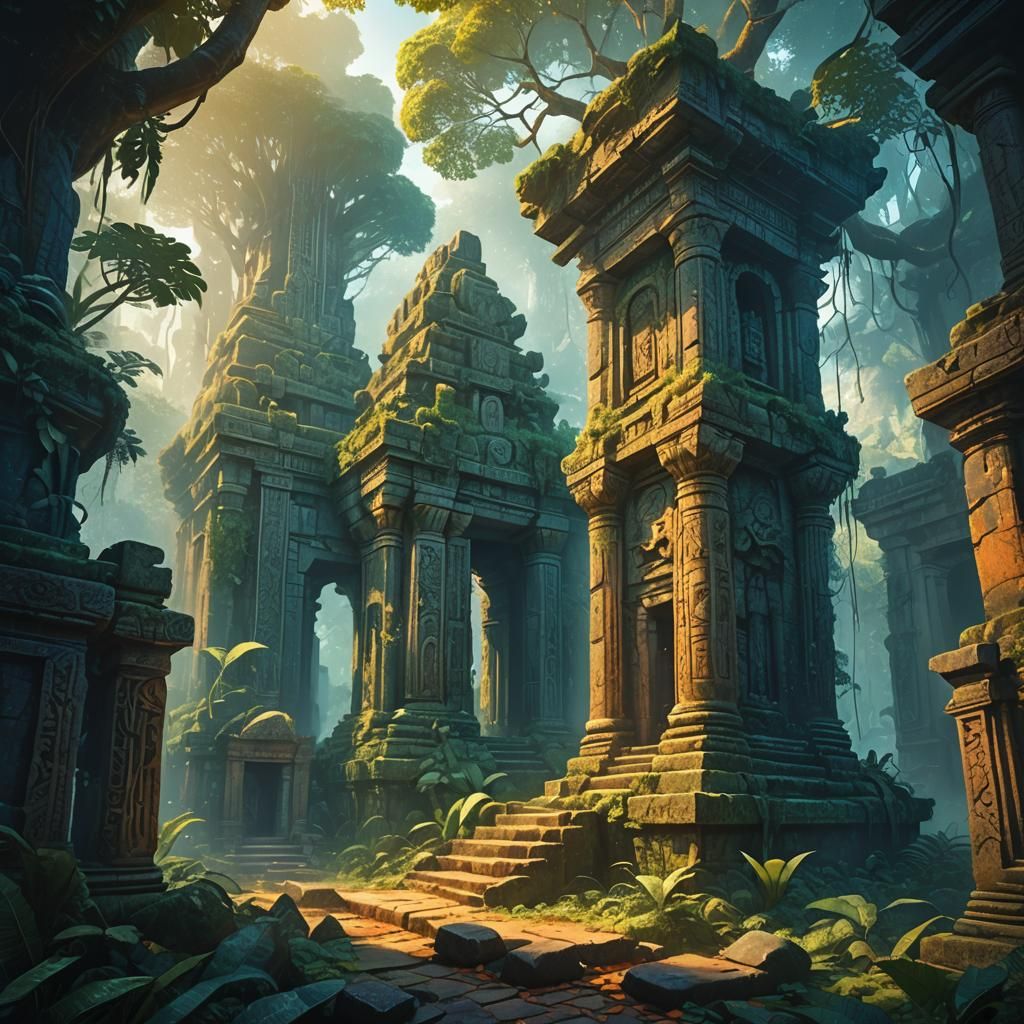 Mystical Jungle Temple Ruins in Golden Light