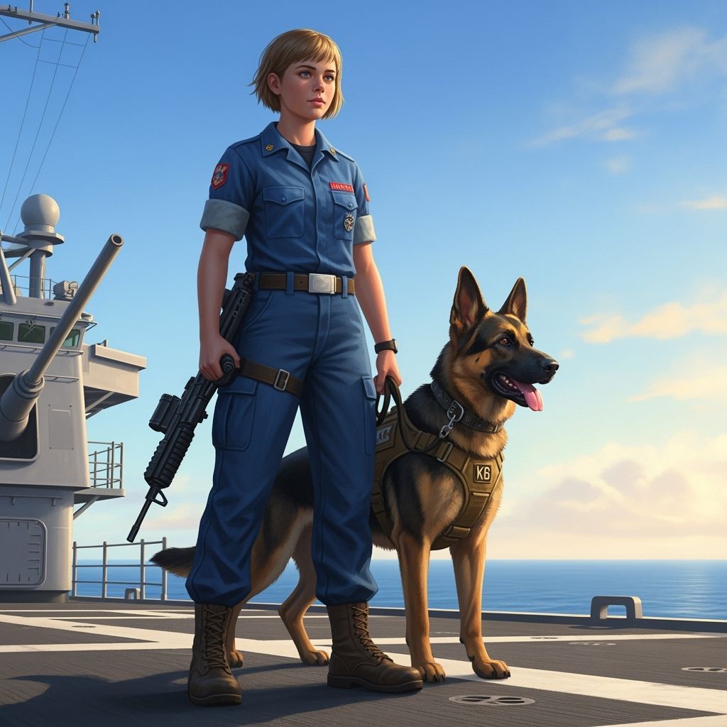 Teen Marine and K-9 Dog on Ship Deck