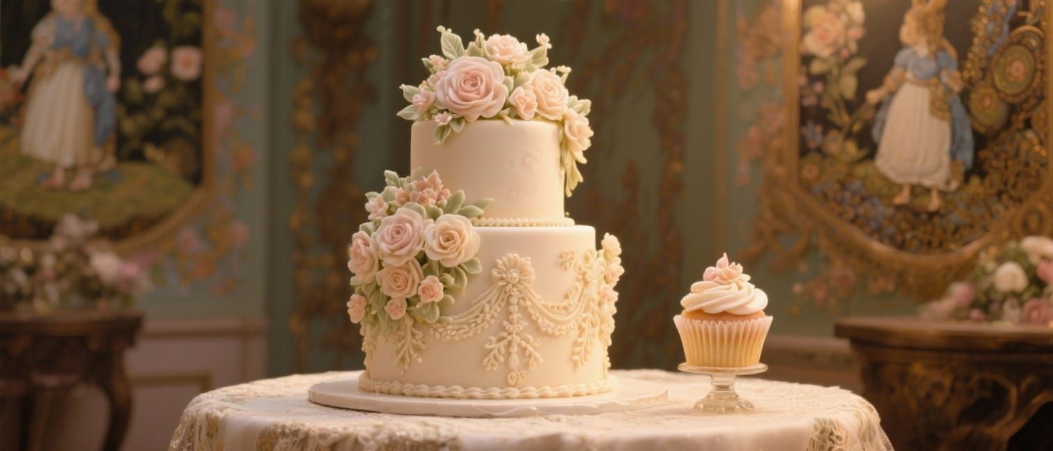 Elegant Wedding Cake with Cupcake, Art Nouveau Style