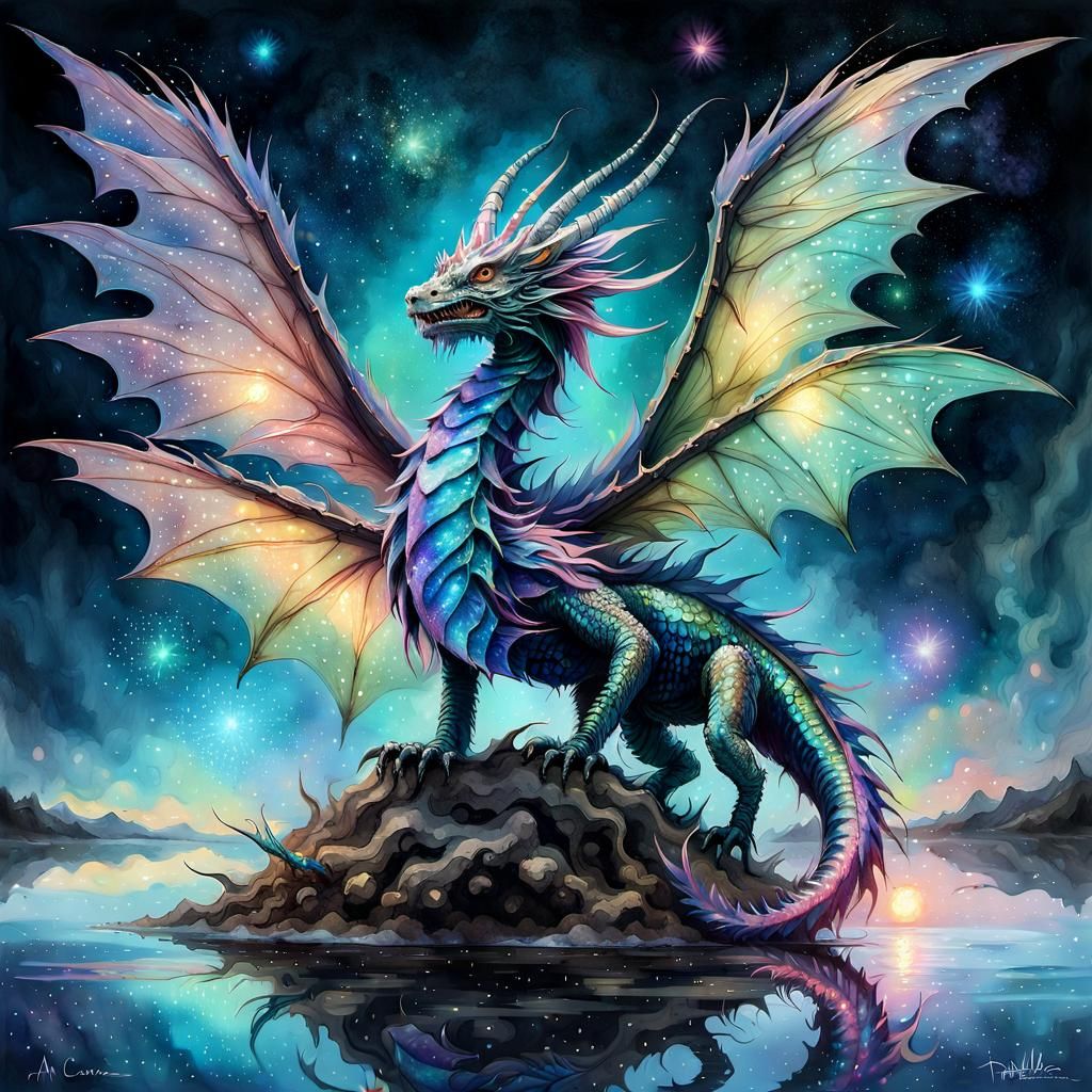 Iridescent Dragon Emerges from Bioluminescent Lake
