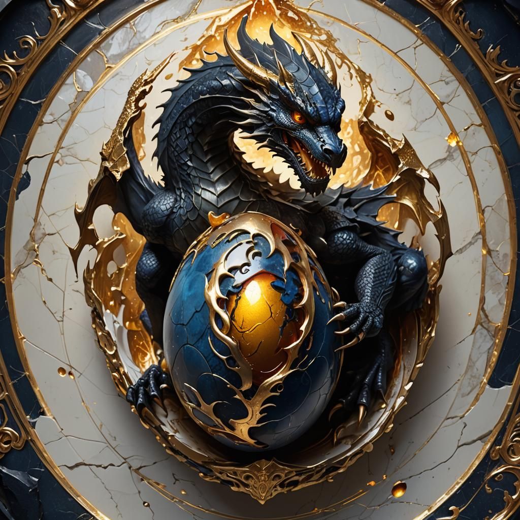 Black Dragon Emerges from Marble Egg