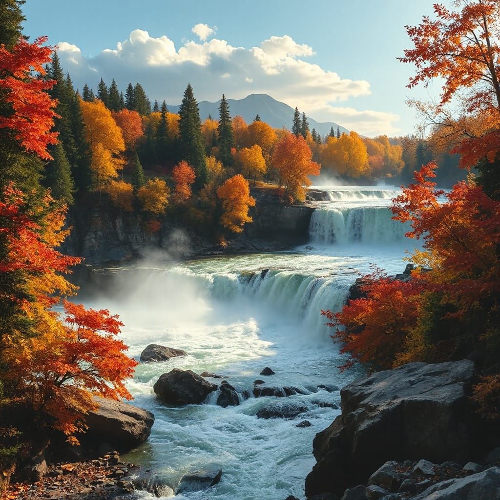 Breathtaking Waterfall Overlook in Autumn Oil Painting