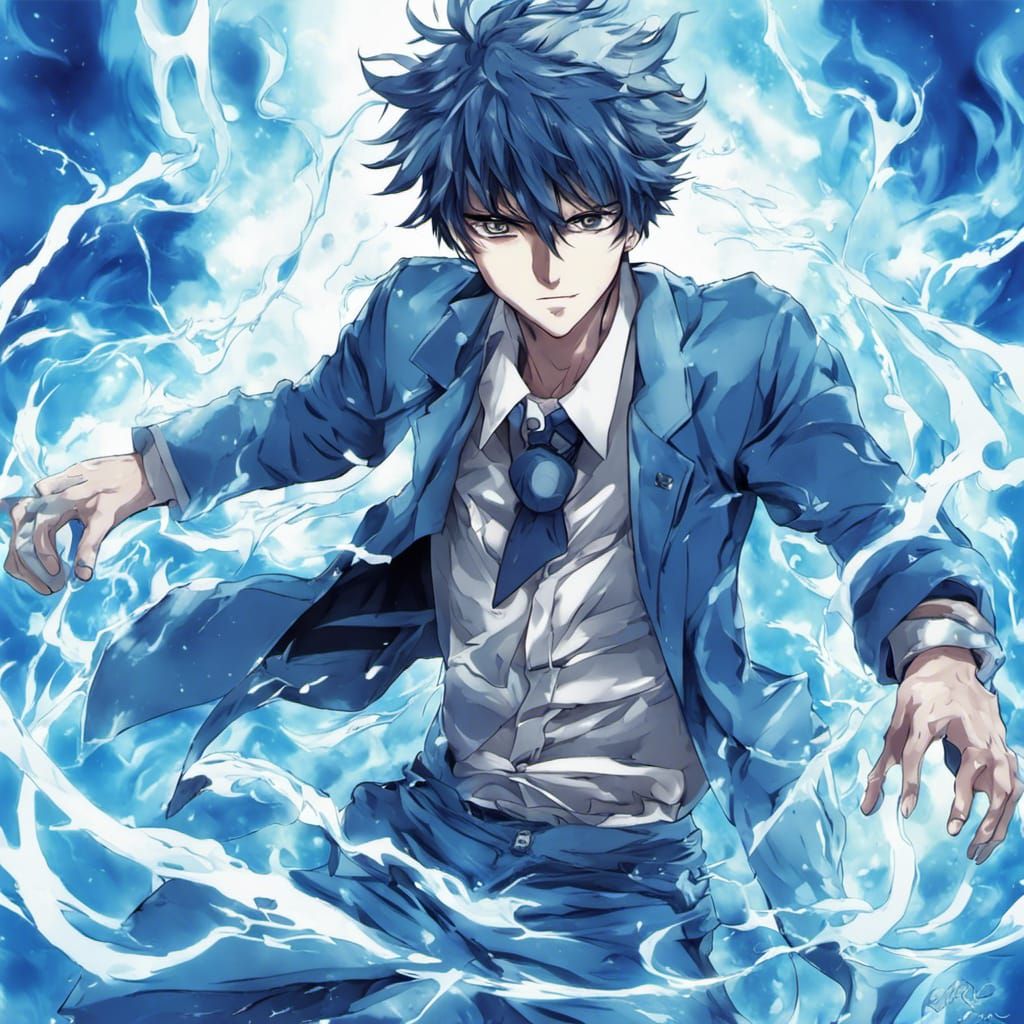 Blue Fire Man in Anime Style