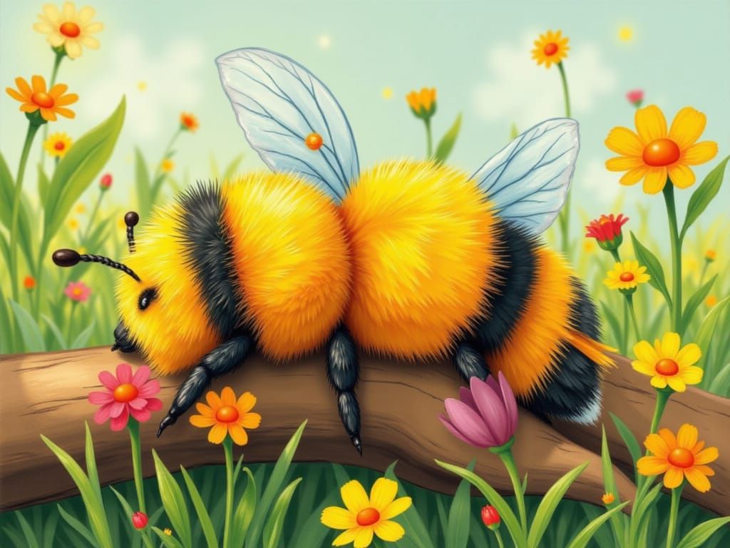 Cartoon Bee's Nap After Sting, Eric Carle Style