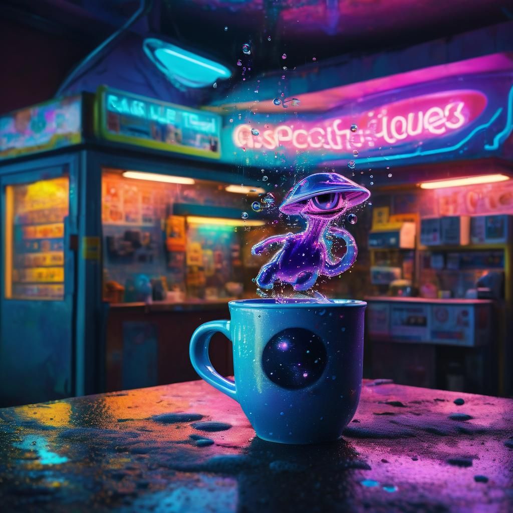 Surreal Gas Station with Floating Drink in Neon Colors