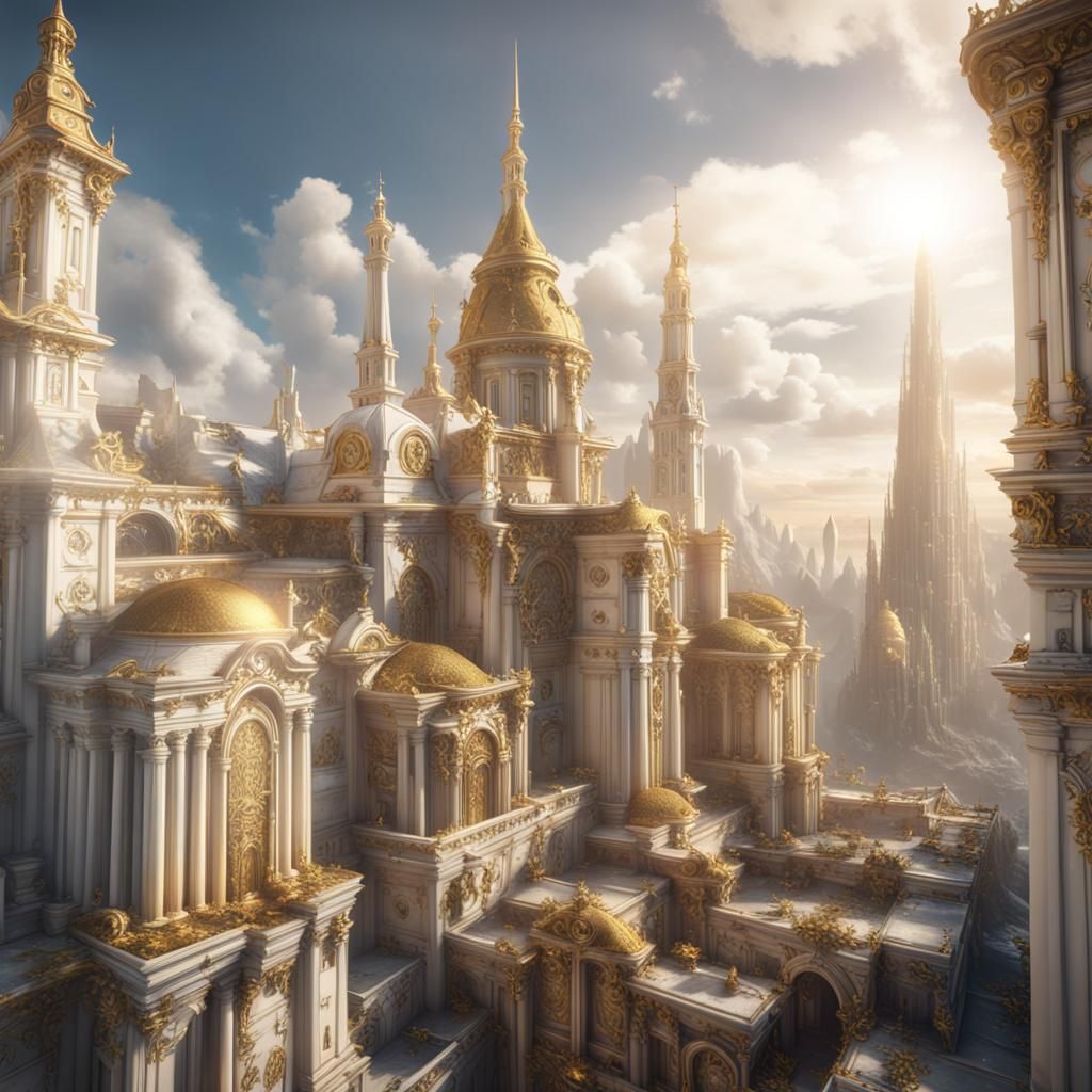 Godly White and Gold City in Detailed Matte Painting