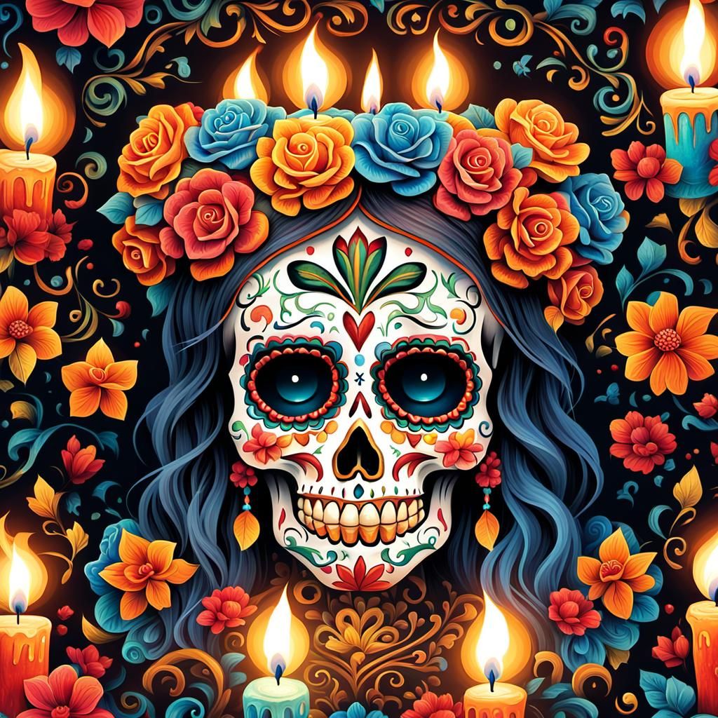 Day of the Dead Sugar Skull Art with Candles