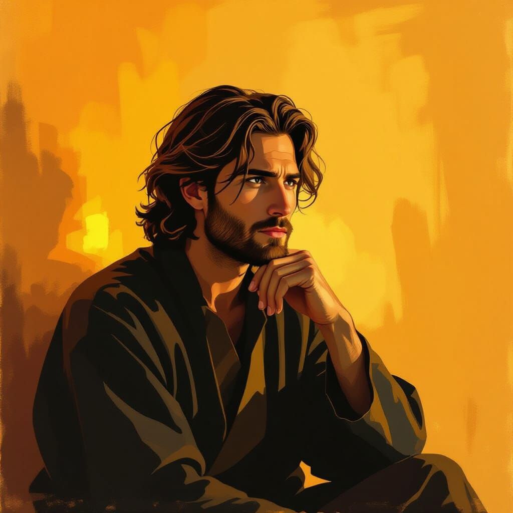 Contemplative Figure in Golden Light, Impasto Style