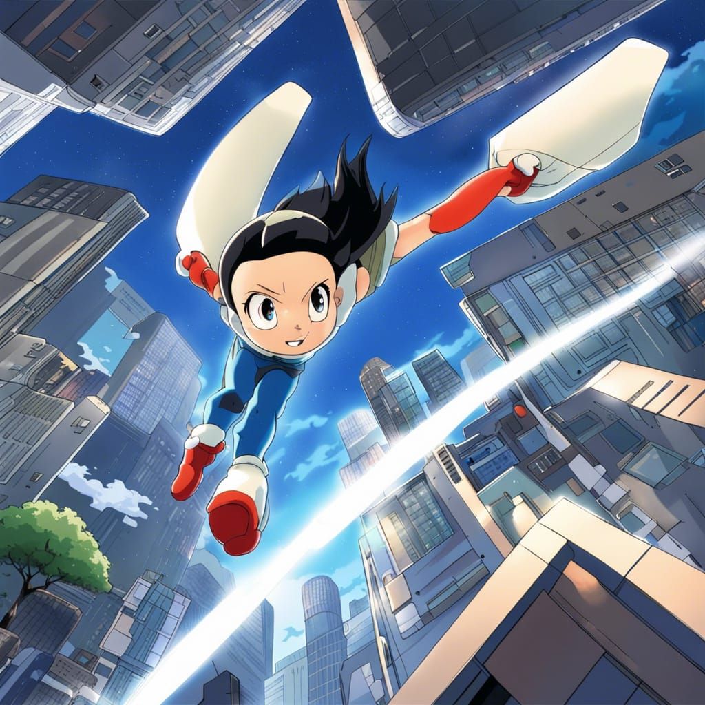 Astroboy Soaring Over City in Anime Style