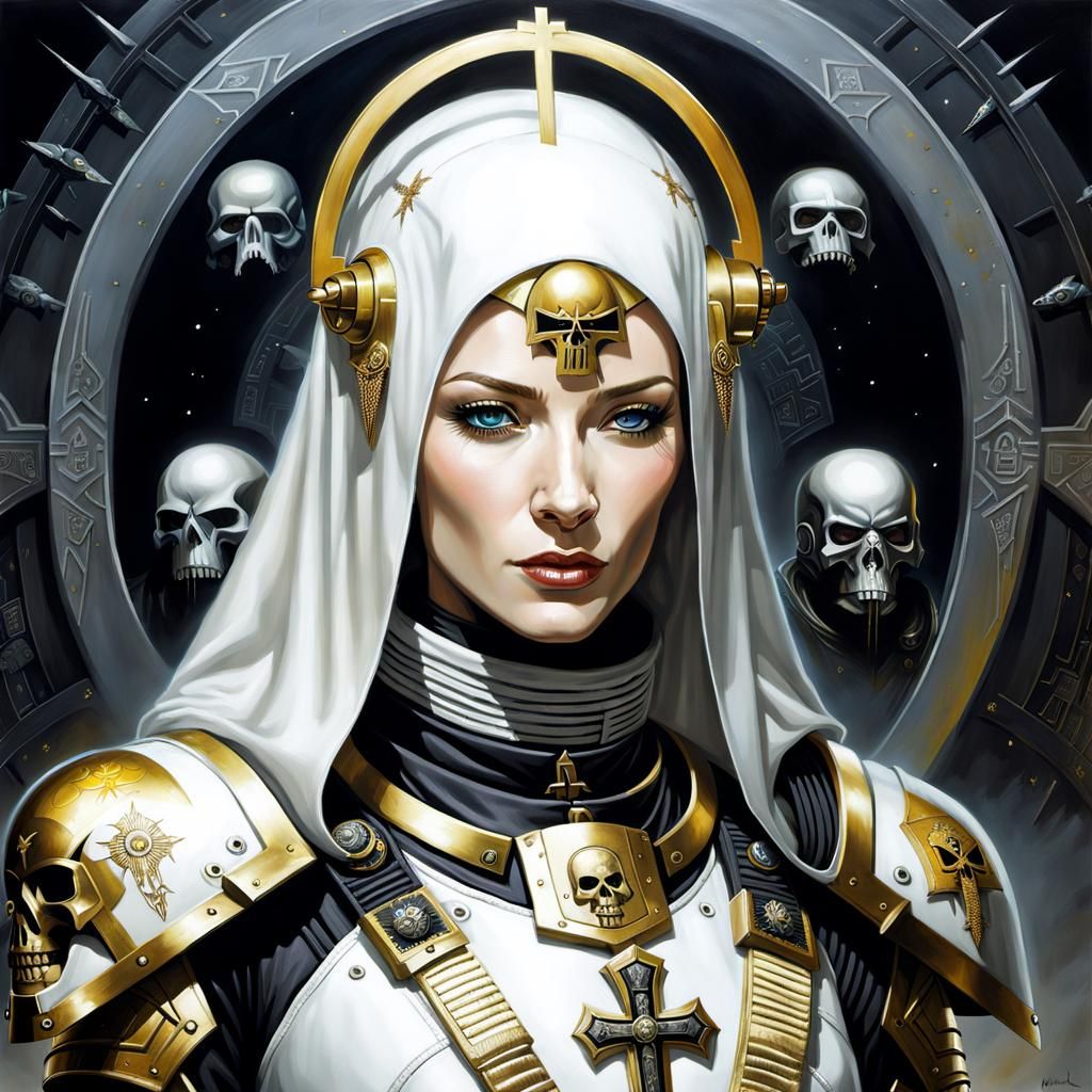 Futuristic Soldier Nun in Moebius-Style Warhammer 40k Art