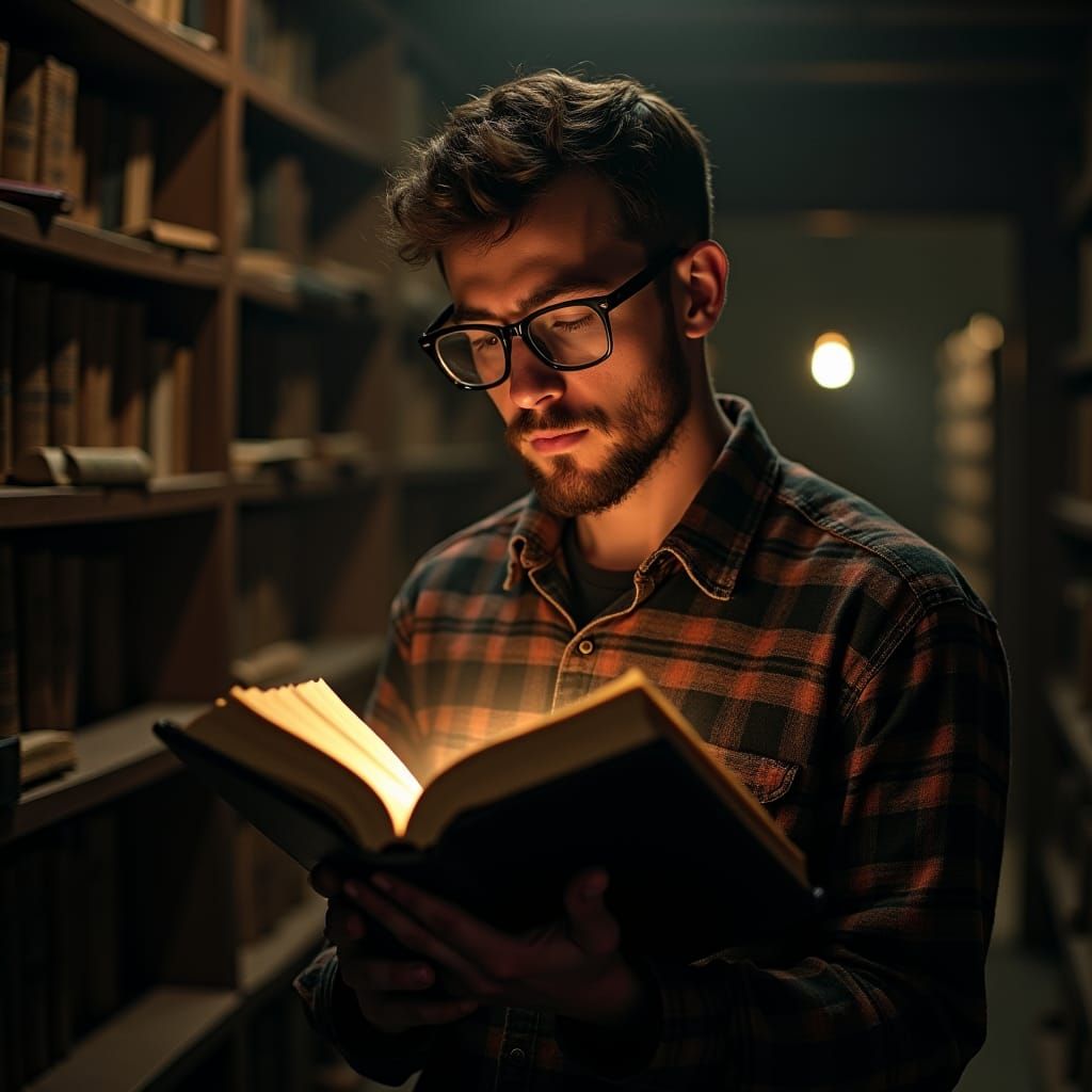 Man Reading Ancient Book in Dimly Lit Library