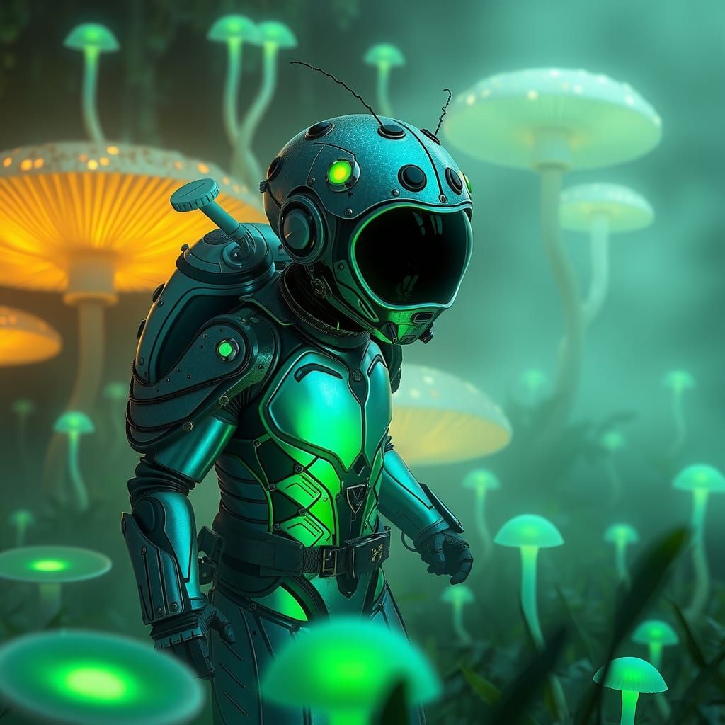 Ladybug Alien Explorer in a Whimsical, Futuristic Landscape