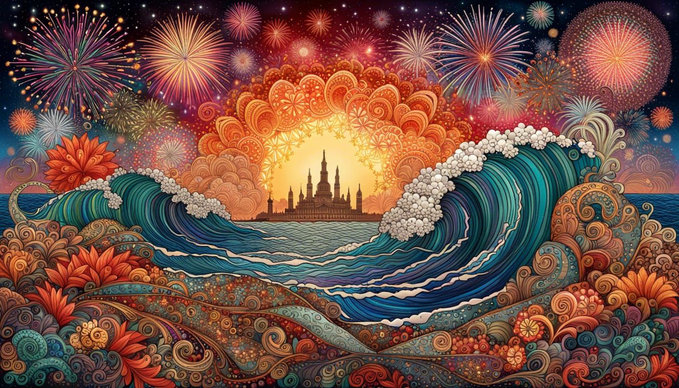Surreal Land of Fireworks and Wavescape