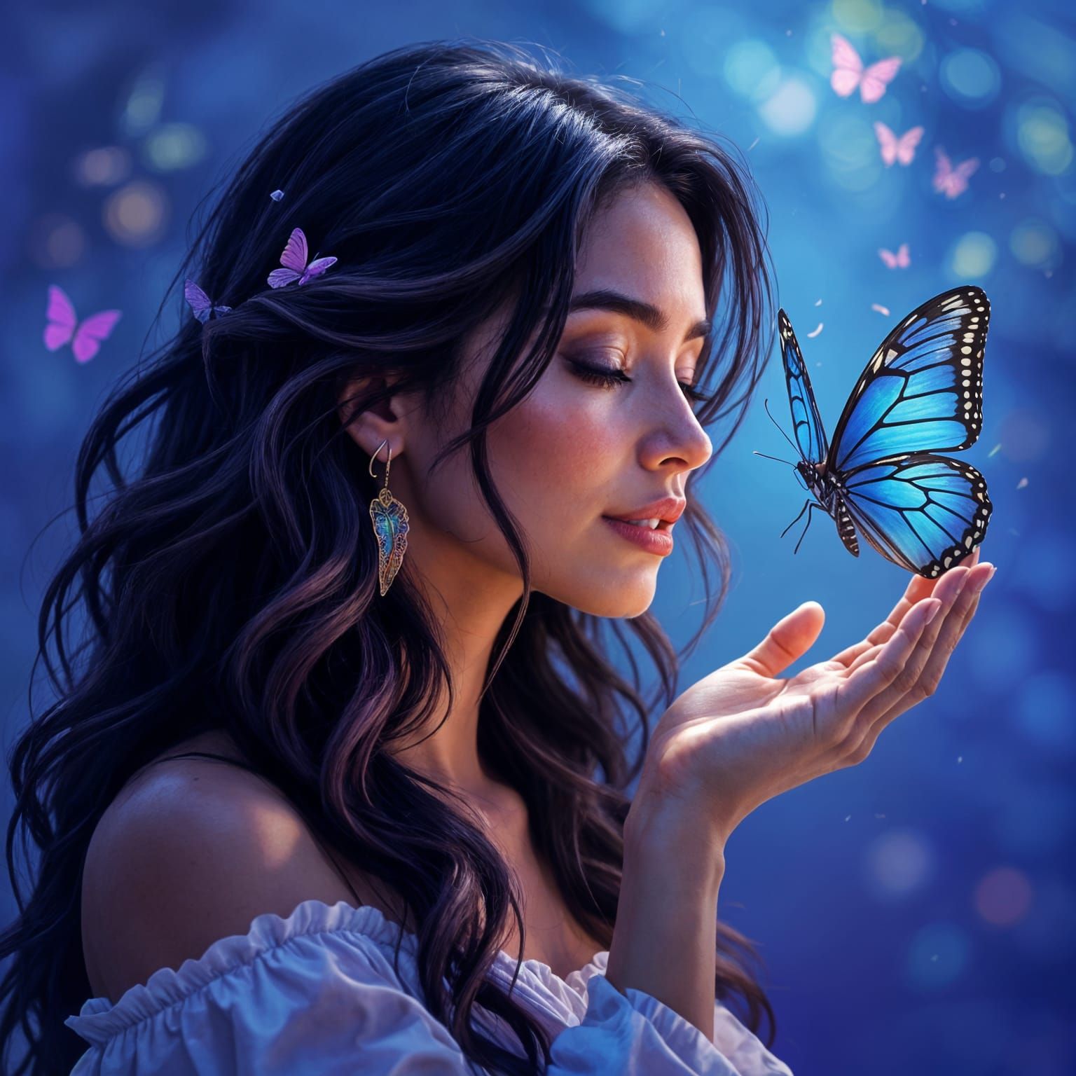 Hispanic Woman Portrait with Flowing Hair and Butterfly