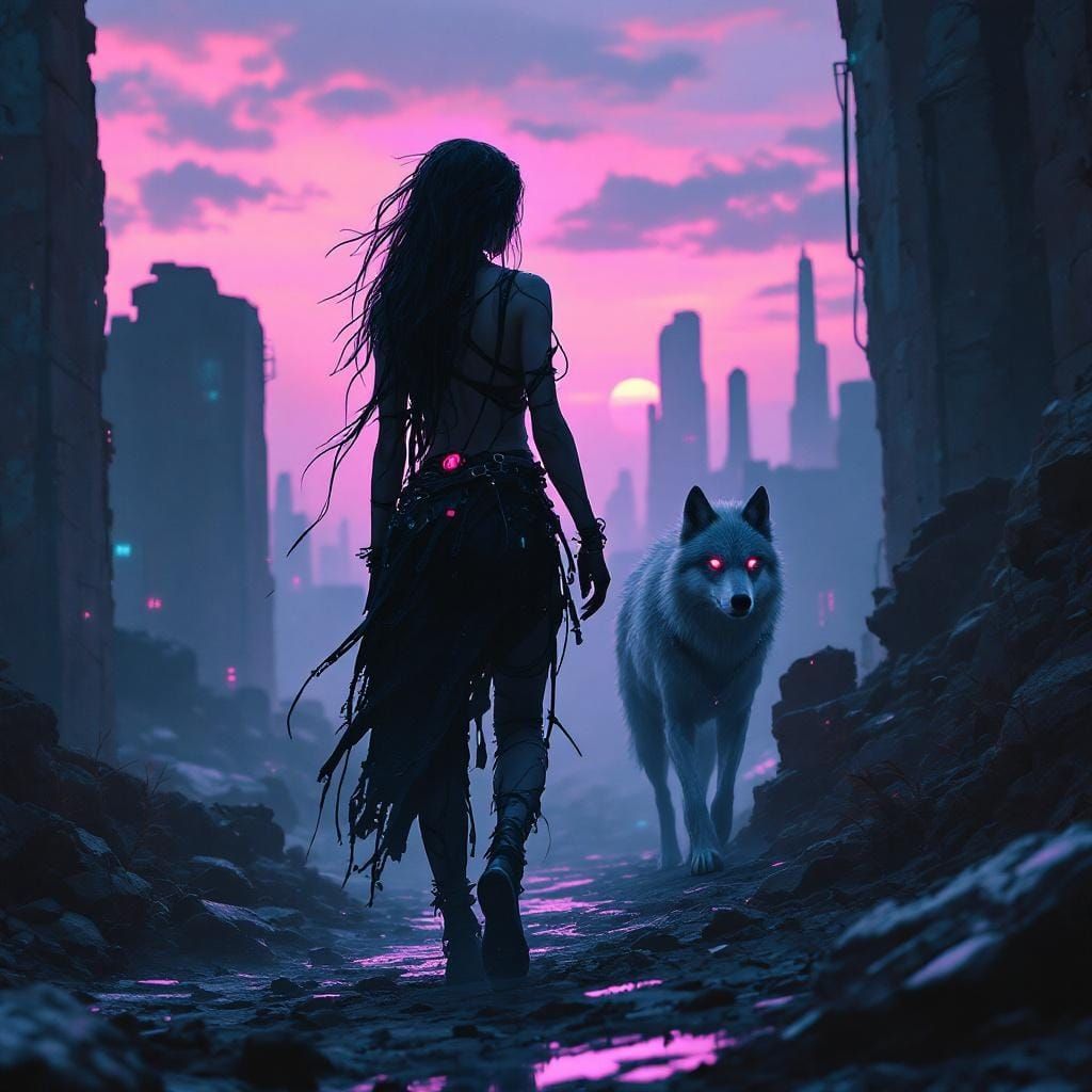 Cyberpunk Wanderer and Spectral Wolf in Ruins