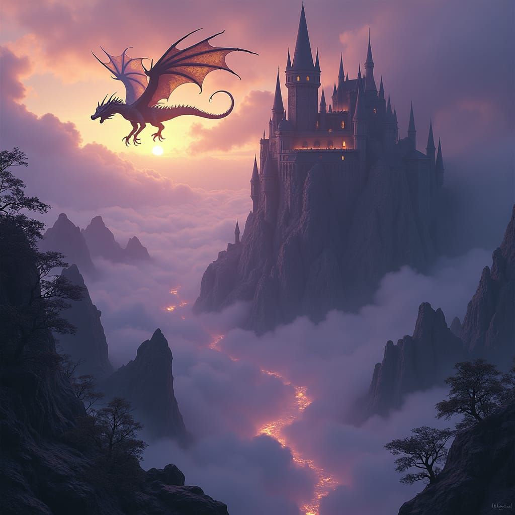 Dark Citadel with Dragon in Art Nouveau Style