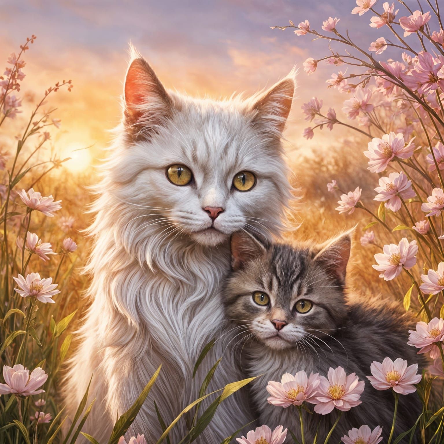 Mother Cat Tenderly Hugs Her Kitten in a Dreamy Meadow